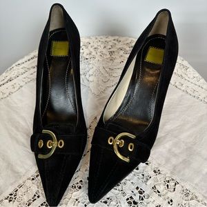 Coach Black Suede Italy Leather Pointed Toe Gold Buckle 3in Kitten Heels Sz 7.5